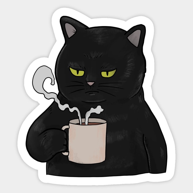 Grumpy Black Cat with Coffee Morning Grouch Sticker by Mesyo